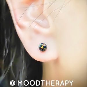 Oxidized 925 Sterling Silver 5MM Genuine Black Fire Opal Gemstone Stud Earrings